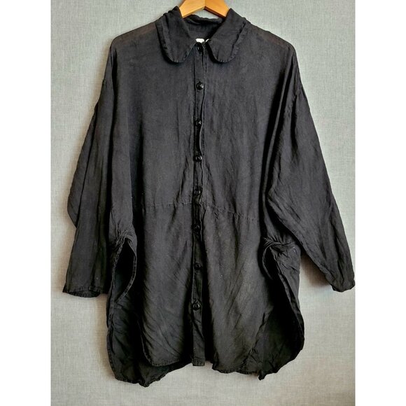 FLAX Black Linen Long Sleeve Shirt Medium Oversize Lagenlook Vintage Engelhart - Picture 1 of 6